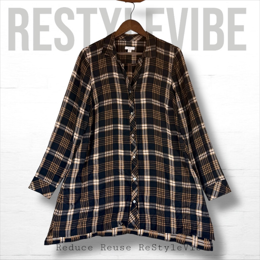 J JILL Women’s Size M Dress Shirt Style Button Down Plaid Long Sleeve Pockets